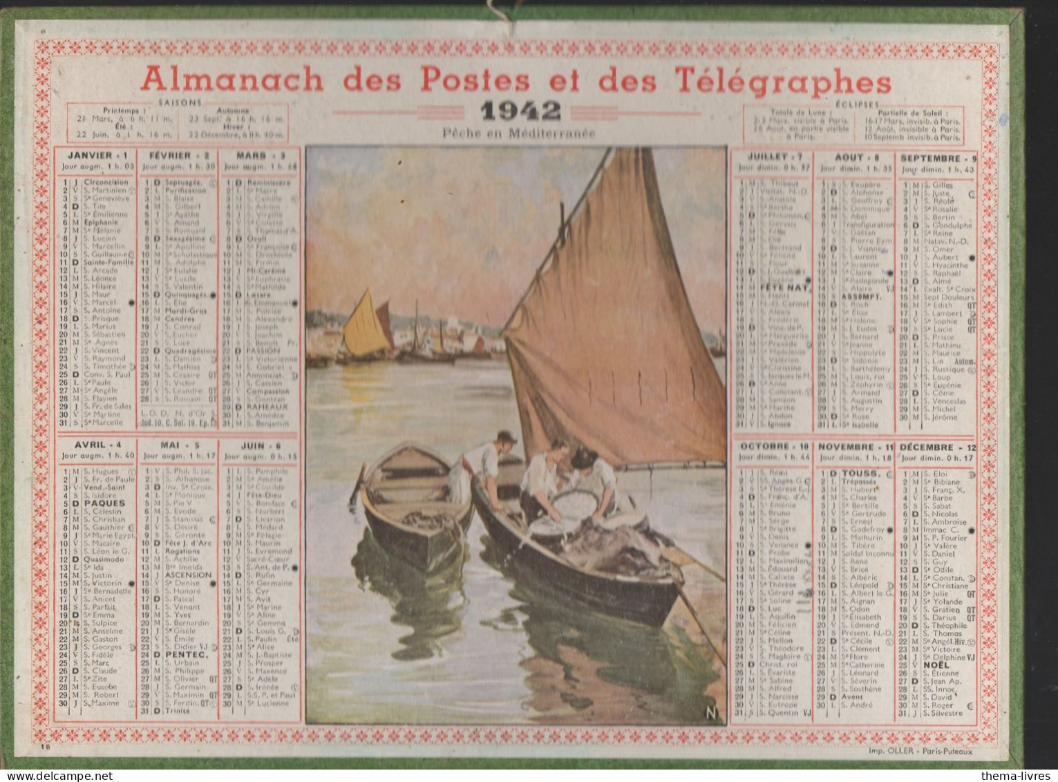 Calendrier PTT  1942 :/imp Oller    Complet De Ses Feuillets ; (CAL PTT 1942M) - Groot Formaat: 1941-60