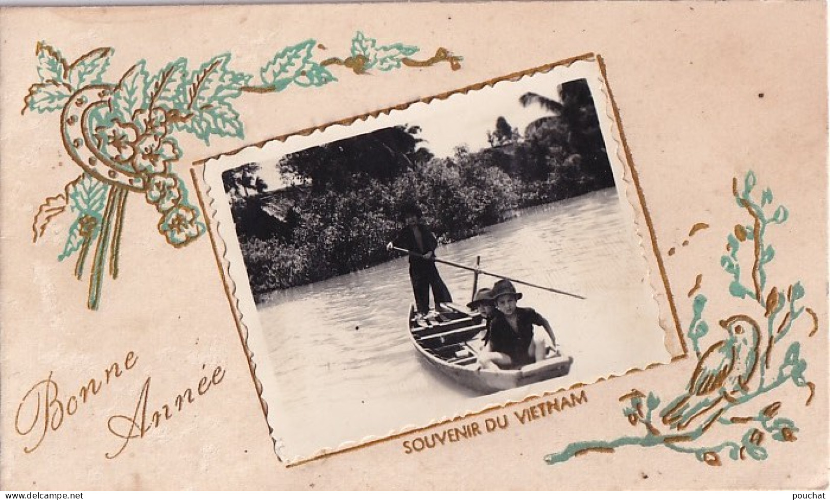 ZY 145- SOUVENIR DU VIETNAM - BONNE ANNEE - CARTE GAUFREE DORURE AVEC PHOTO ENFANTS  BATEAU SAMPAN ET FEUILLET INTERIEUR - Sonstige & Ohne Zuordnung