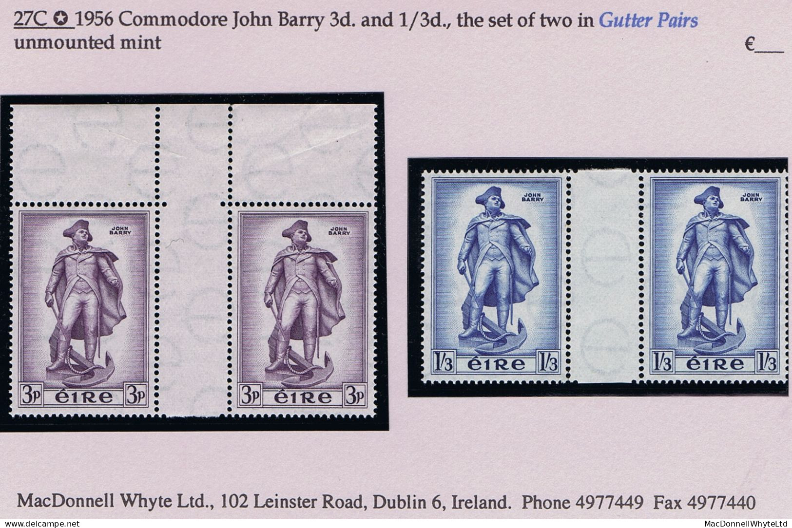 Ireland 1956 Commodore John Barry 3d And 1/3d Set Of Gutter Pairs Mint Unmounted Folded - Nuevos