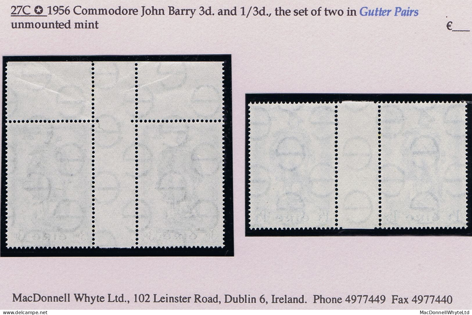Ireland 1956 Commodore John Barry 3d And 1/3d Set Of Gutter Pairs Mint Unmounted Folded - Nuevos