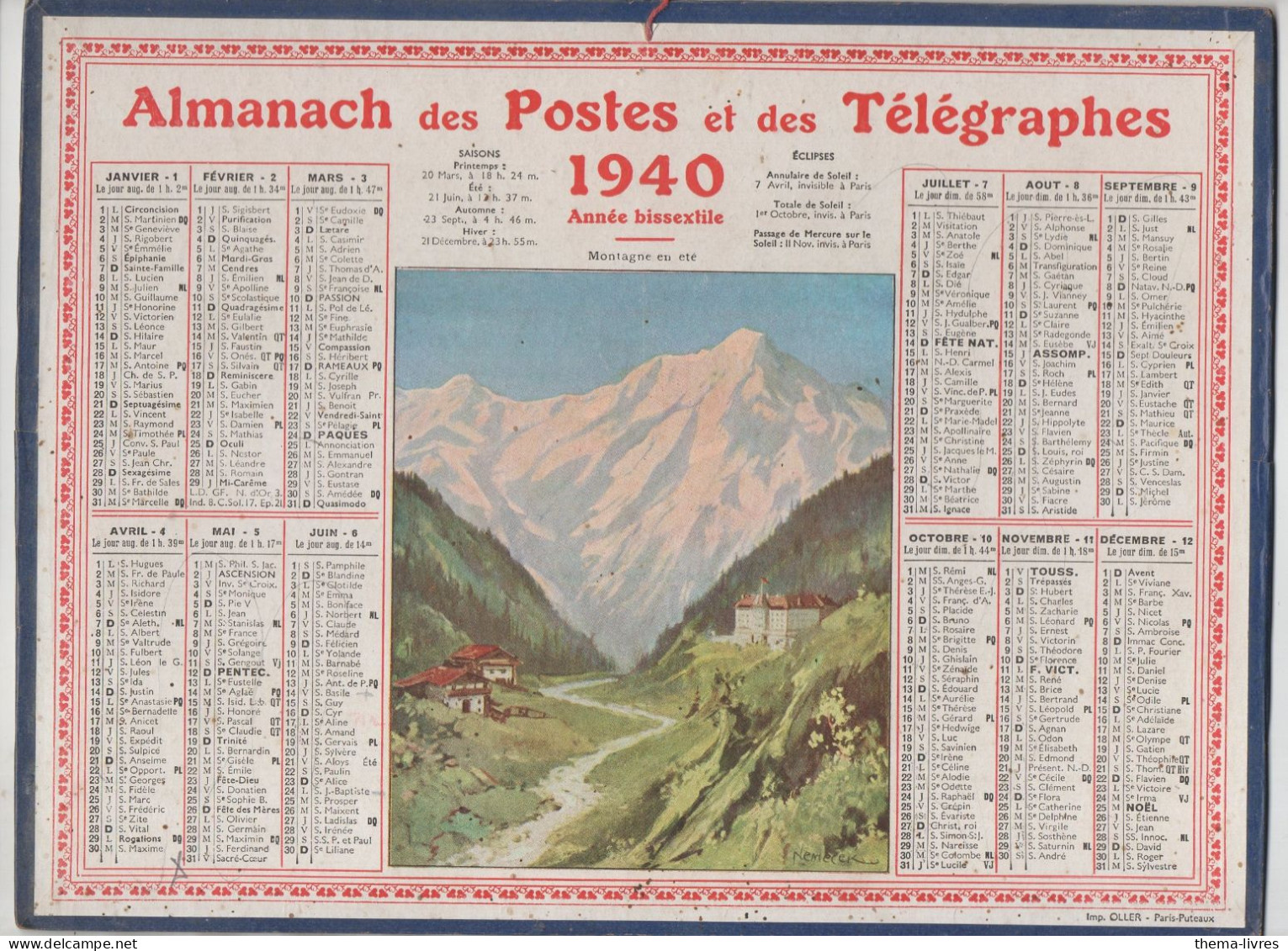 Calendrier PTT  1940 :/imp Oller    Complet De Ses Feuillets ; (CAL PTT 1940M) - Tamaño Grande : 1921-40