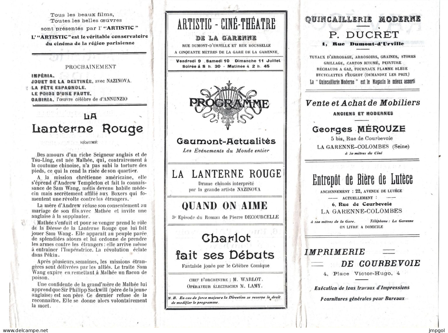 Programme Artistic Ciné Théâtre La Garenne Colombes 1920 Film Muet La Lanterne Rouge Nazimova Charlot Fait Ses Débuts - Programma's