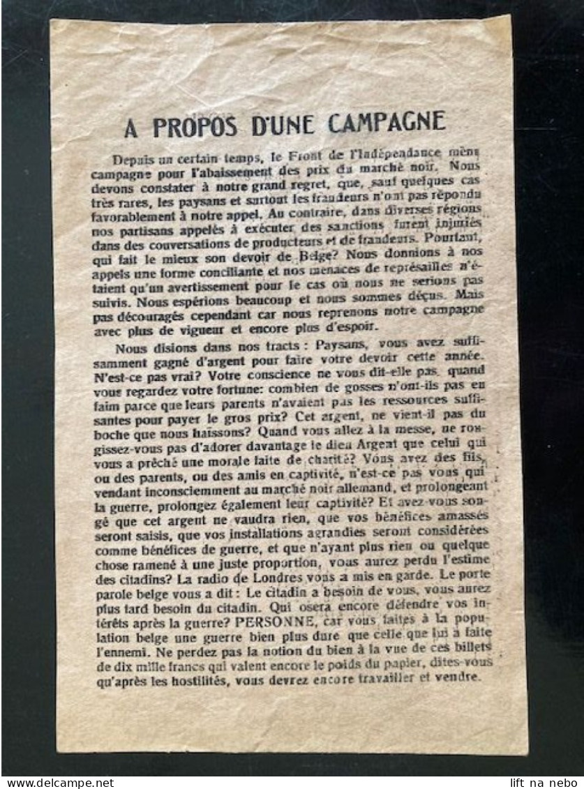 Tract Presse Clandestine Résistance Belge WWII WW2 'A Propos D'une Campagne' Printed On Both Sides - Documents