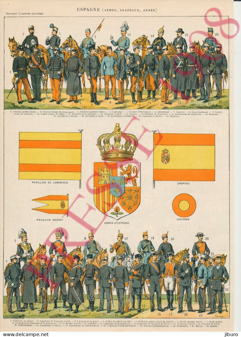 2 Vues Planche 1908 Armée Espagnole Costumes Soldats Espagne Cavalerie Artillerie Génie Militaire Drapeau - Altri & Non Classificati