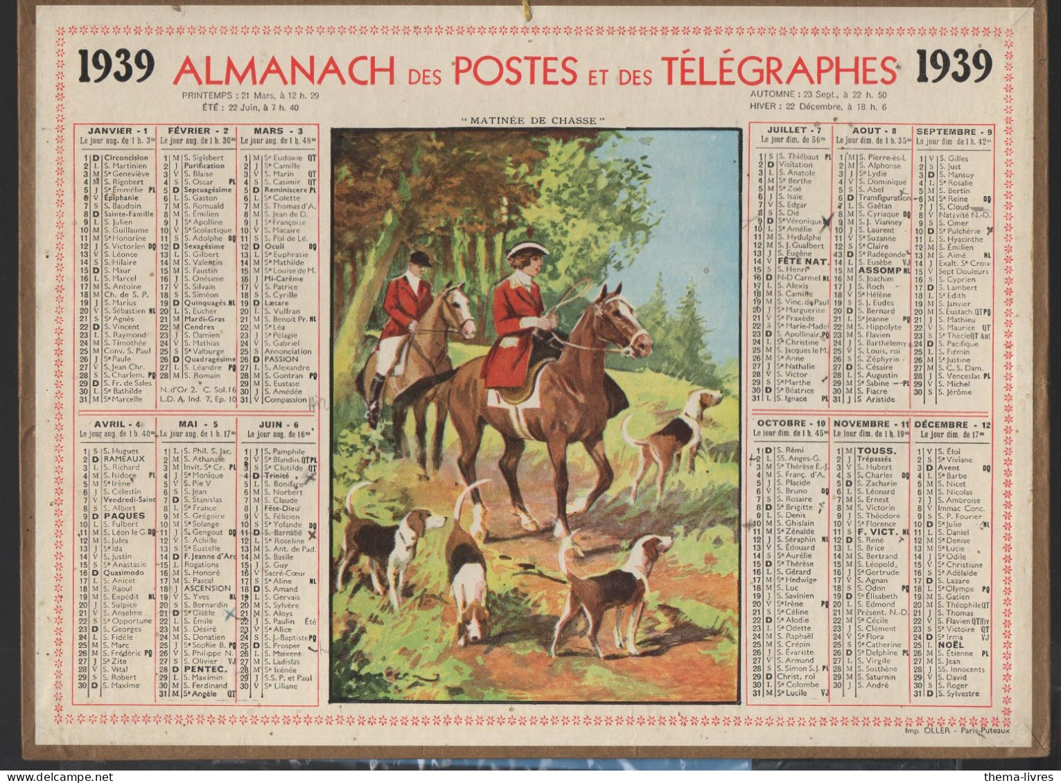 Calendrier PTT  1939 :/imp Oller    Complet De Ses Feuillets ; (CAL PTT 1939M) - Tamaño Grande : 1921-40