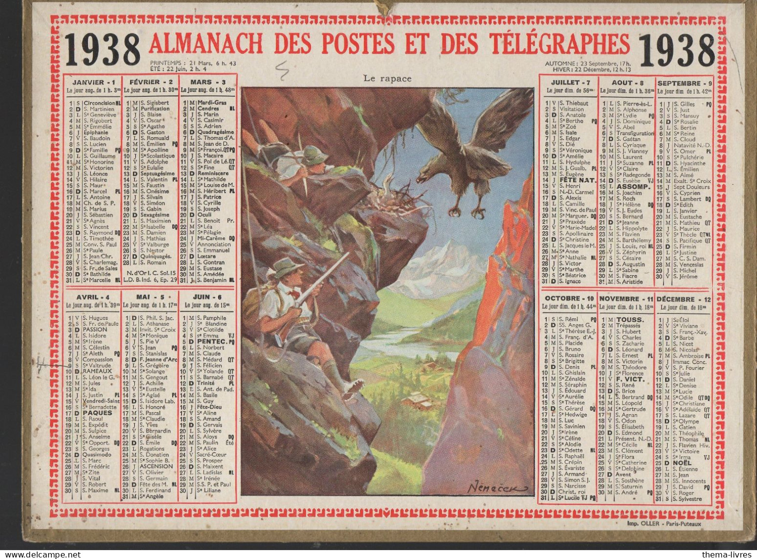 Calendrier PTT  1938 :/imp Oller    Complet De Ses Feuillets ; (CAL PTT 1938M) - Tamaño Grande : 1921-40