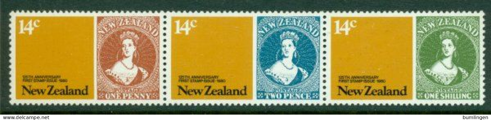 NEW ZEALAND 1980 Mi 790-92A Strip Of Three** 125th Anniversary Of New Zeland Stamps [B919] - Sellos Sobre Sellos