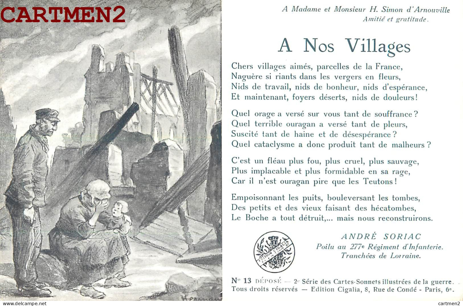 POCHETTE DE 10 CPA : CARTES SONNETS GUERRE 1914-1918 PATRIOTISME ILLUSTRATEUR ANDRE SORIAC CIGALIA KAISER CARICATURE WW1