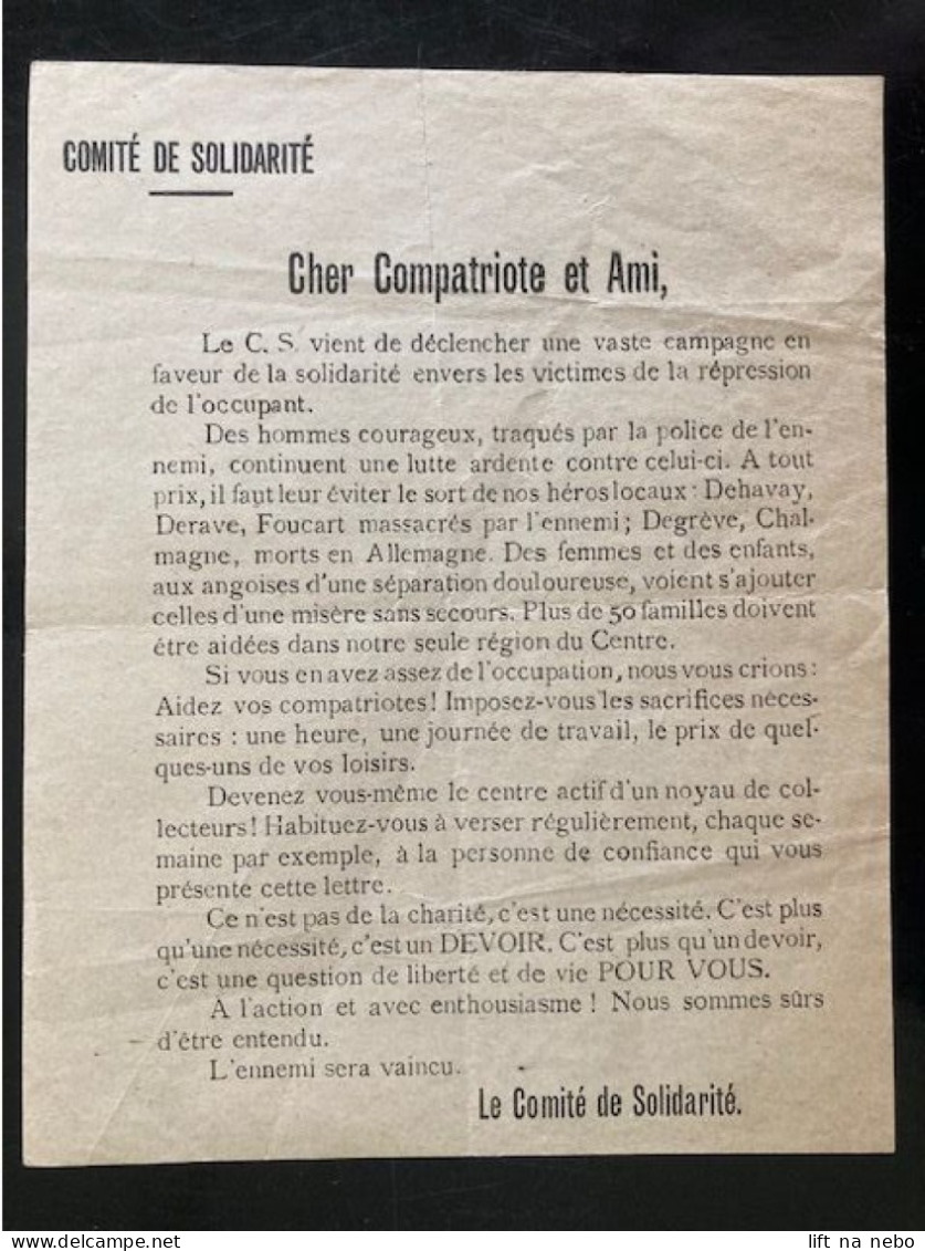 Tract Presse Clandestine Résistance Belge WWII WW2 'Comité De Solidarité / Cher Compatriote Et Ami...' - Documents