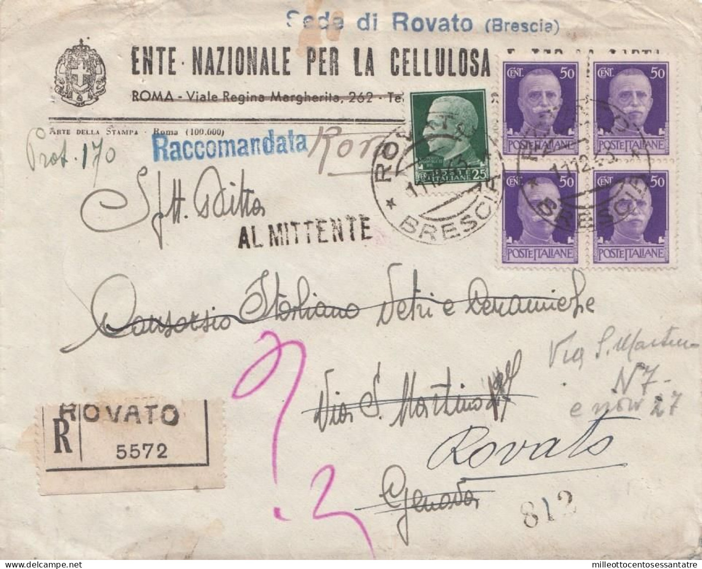 1548  - R.S.I. - Busta Raccomandata Senza Testo Del 1943 Da Rovato A Genova - RESO AL MITTENTE - - Stamped Stationery