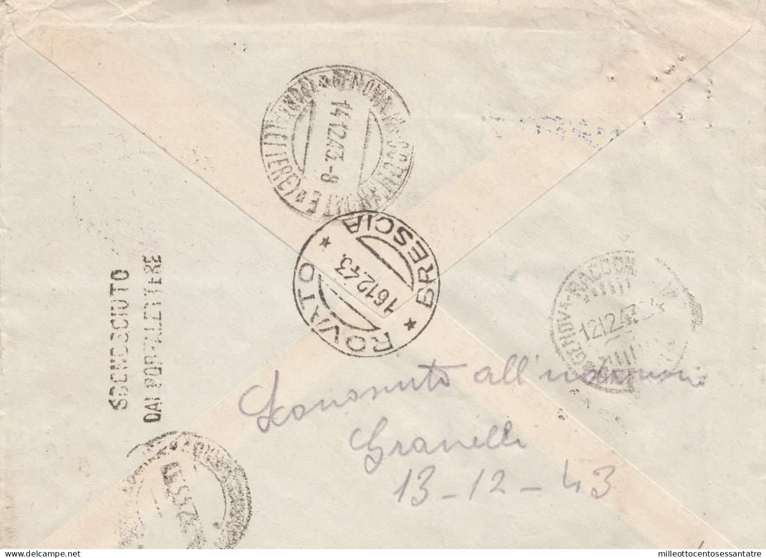 1548  - R.S.I. - Busta Raccomandata Senza Testo Del 1943 Da Rovato A Genova - RESO AL MITTENTE - - Stamped Stationery