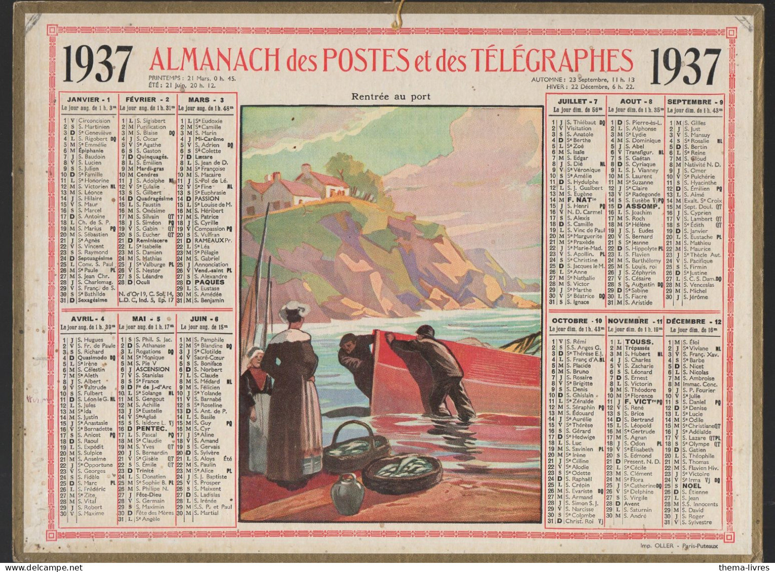 Calendrier PTT  1937 :/imp Oller    Complet De Ses Feuillets ; (CAL PTT 1937M) - Tamaño Grande : 1921-40