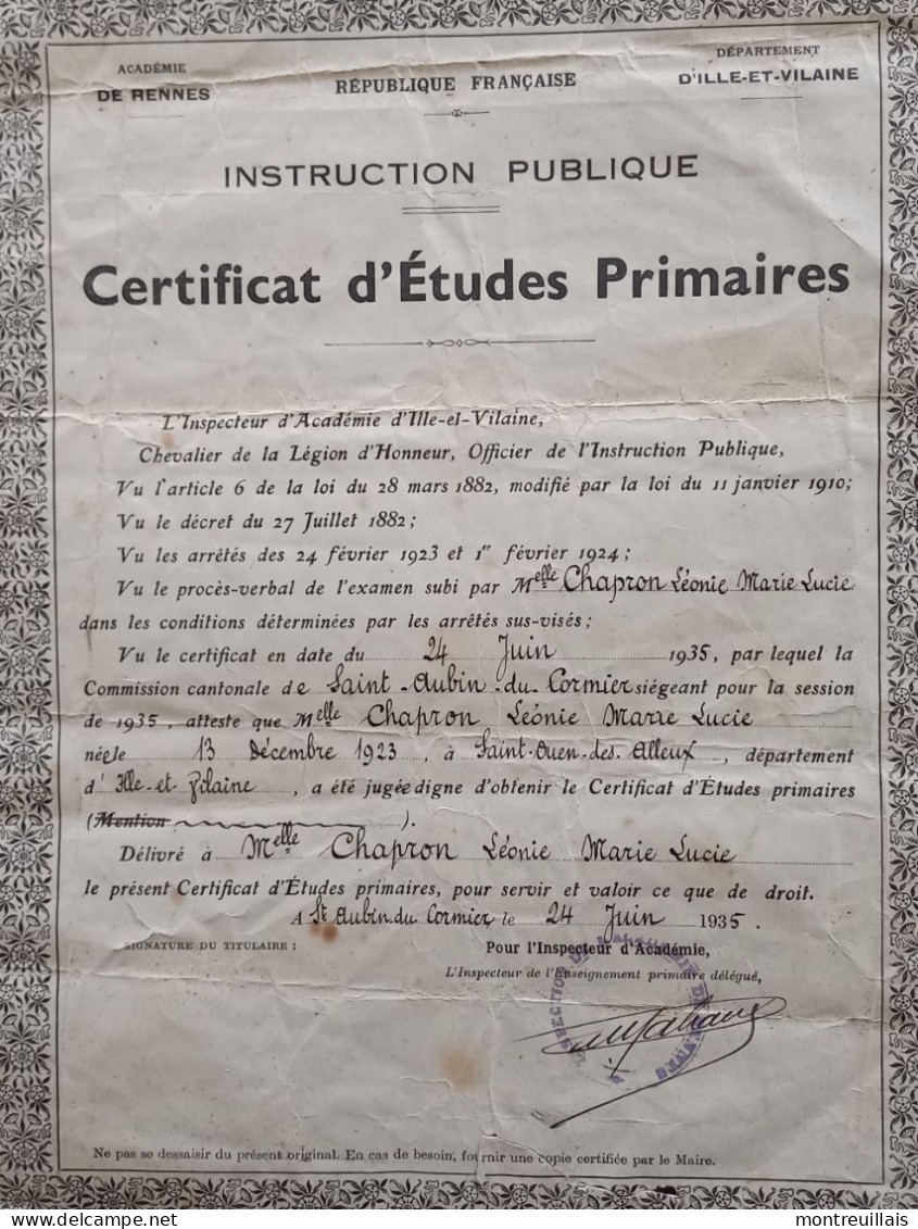 Certificat  D'études Primaires De 1935, SAINT-OUEN-DES-ALLEUX, (35), SAUNT-AUBIN-DU-CORMIER, état Médiocre - Diplômes & Bulletins Scolaires