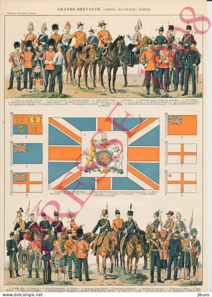 2 Vues Planche 1908 Armée Anglaise Grande-Bretagne Soldats Costumes Scottish Highlanders Cavalerie Horse Guards Drapeau - Andere & Zonder Classificatie