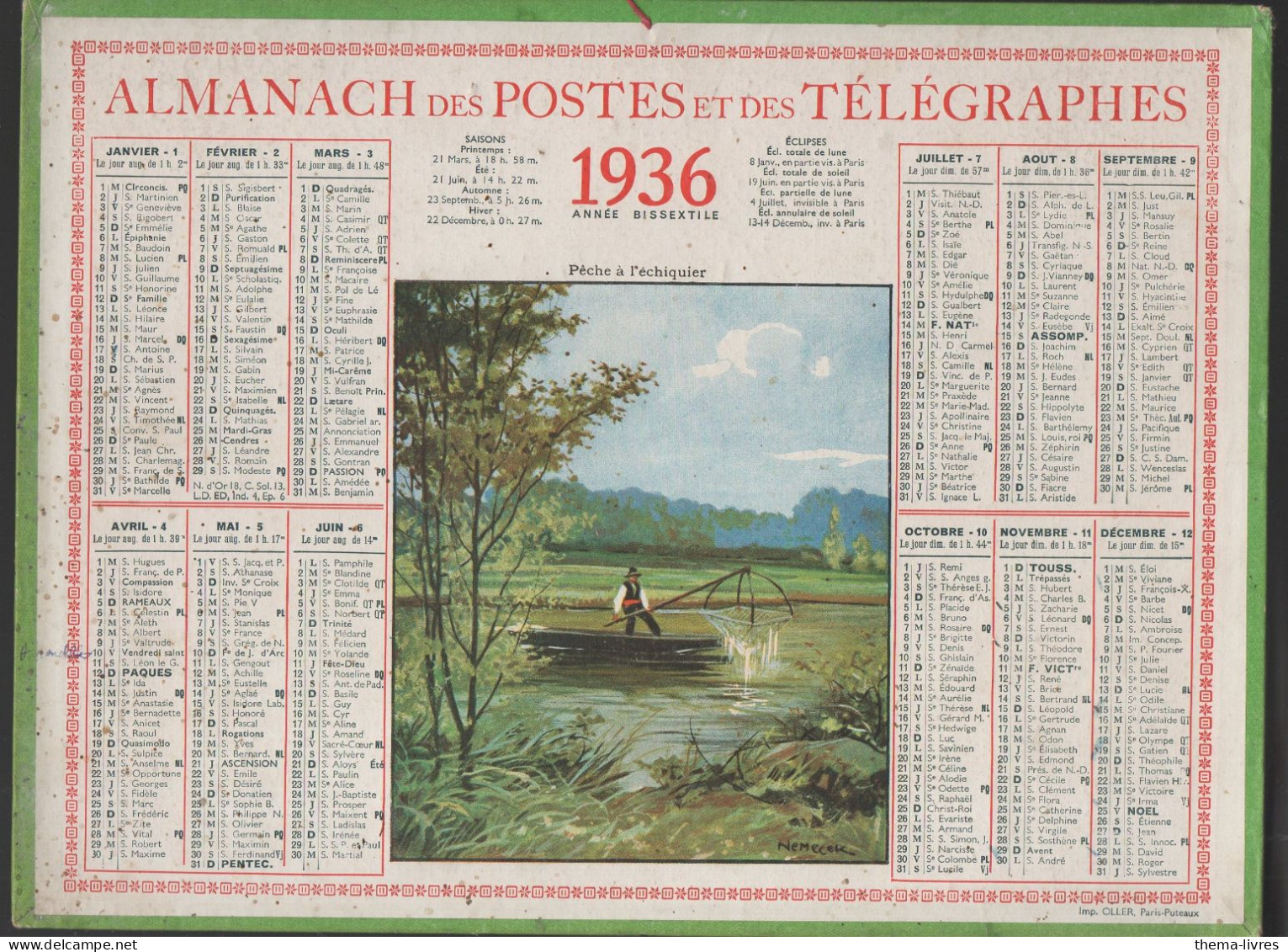 Calendrier PTT  1936 :/imp Oller    Sans Ses Feuillets ; (CAL PTT 1936M) - Big : 1921-40