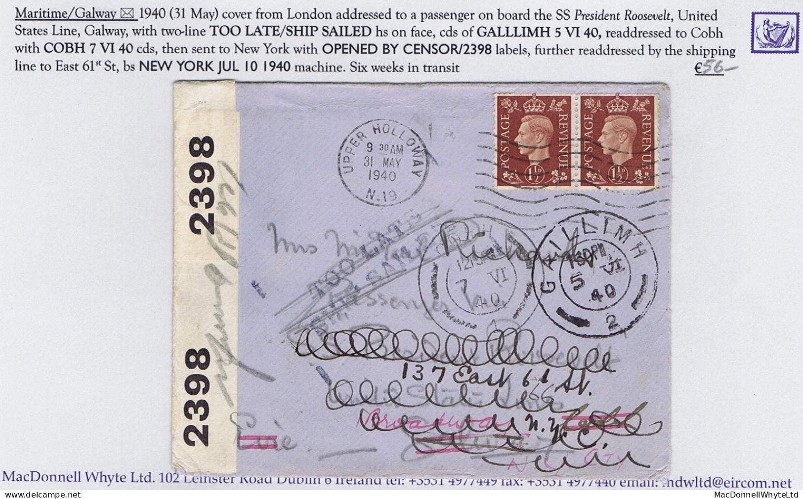 Ireland Maritime Galway 1940 Cover London To Passenger At Galway, Blue TOO LATE/SHIP SAILED - Other & Unclassified