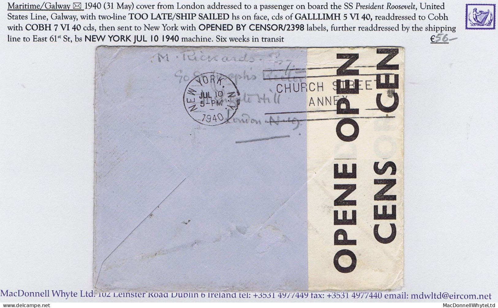 Ireland Maritime Galway 1940 Cover London To Passenger At Galway, Blue TOO LATE/SHIP SAILED - Autres & Non Classés