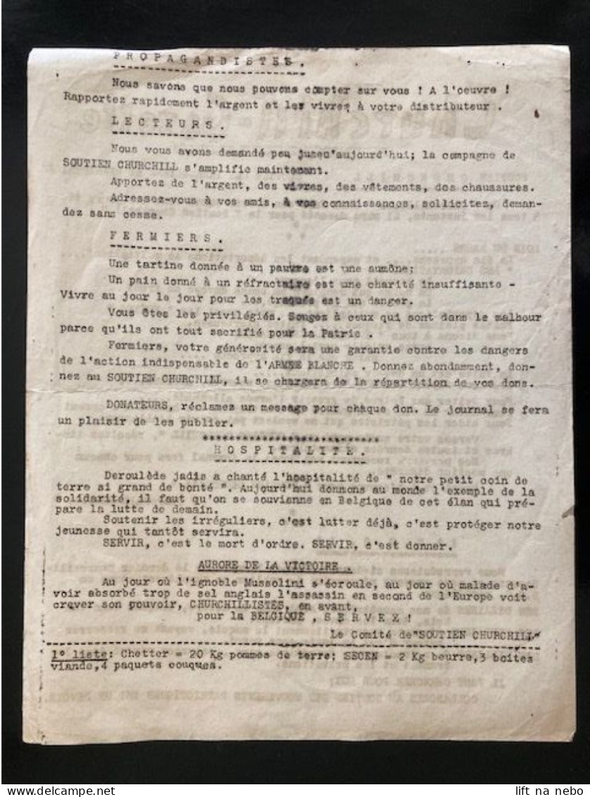 Tract Presse Clandestine Résistance Belge WWII WW2 'Churchill-Gazette' Printed On Both Sides - Documentos