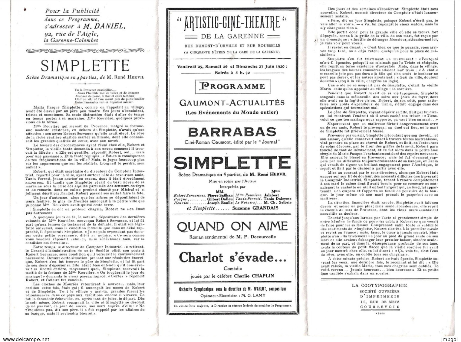 Programme Artistic Ciné Théâtre La Garenne Colombes 1920 Film Muet Barrabas Simplette Suzanne Grandais Charlot S'évade - Programmes