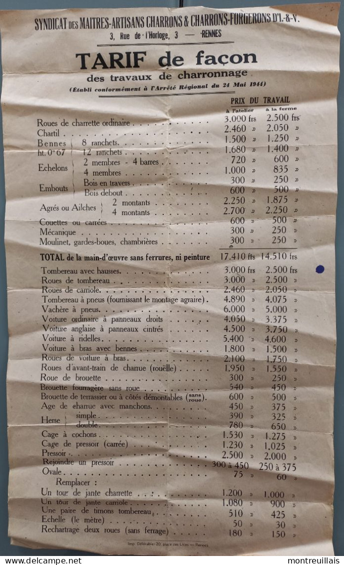 Tarif De Façon, Travaux De Charronnage, De 1944, Syndicat Des Charrons, Format 50 X 30, Voir Scan, Bois - Non Classés