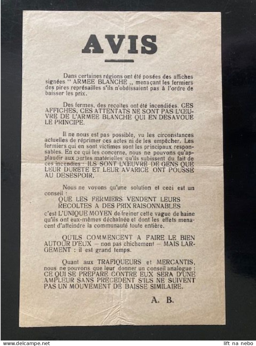 Tract Presse Clandestine Résistance Belge WWII WW2 'Avis' Dans Certaines Régions Ont été Posées Des Affiches Signées... - Documentos
