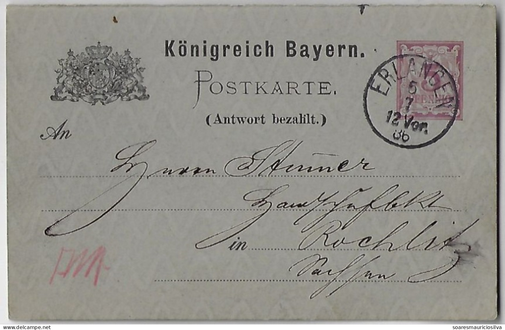 Germany Bavaria 1886 Postal Stationery Card 5 Pfennig Sent From Erlangen To Rochlitz - Ganzsachen