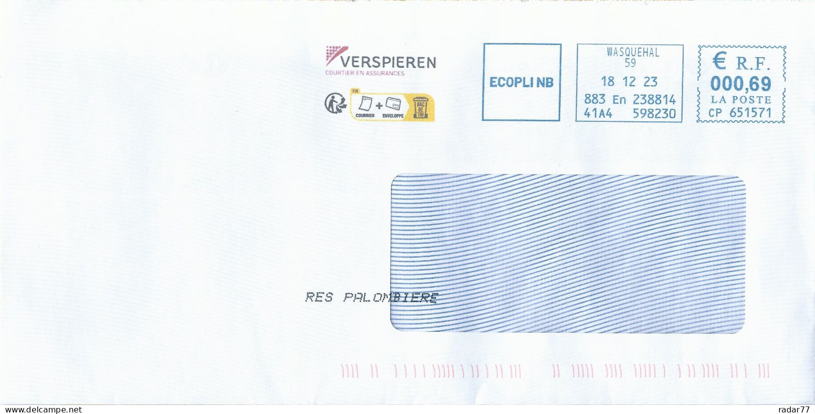 EMA PITNEY-BOWES Type CP Avec Publicité En Couleur VERSPIEREN - Thème Tri - Recyclage - EMA (Print Machine)