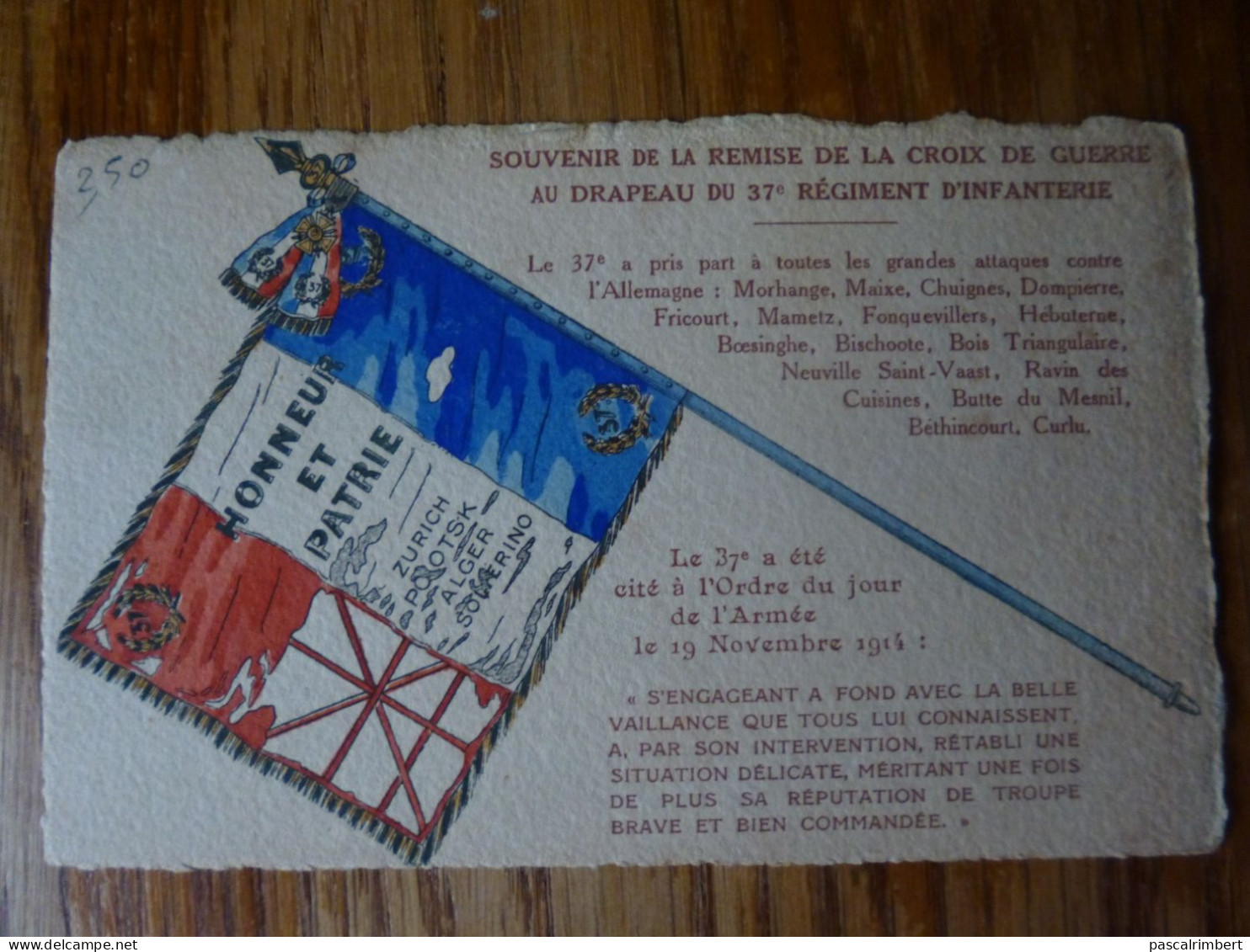 Souvenir De La Remise De La Croix De Guerre Au Drapeau Du 37 E Régiment D'infanterie - Lettres & Documents