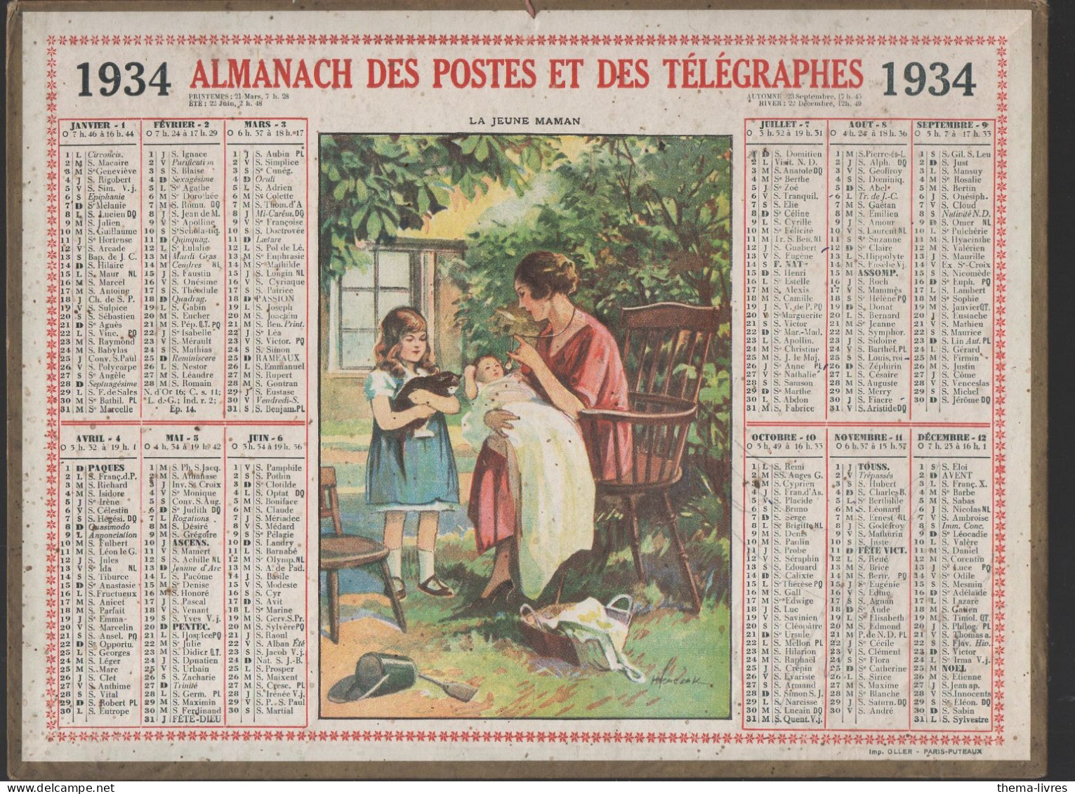 Calendrier PTT  1934 :/imp Oller  Complet De Ses Feuillets ; (CAL PTT 1934M) - Formato Grande : 1921-40