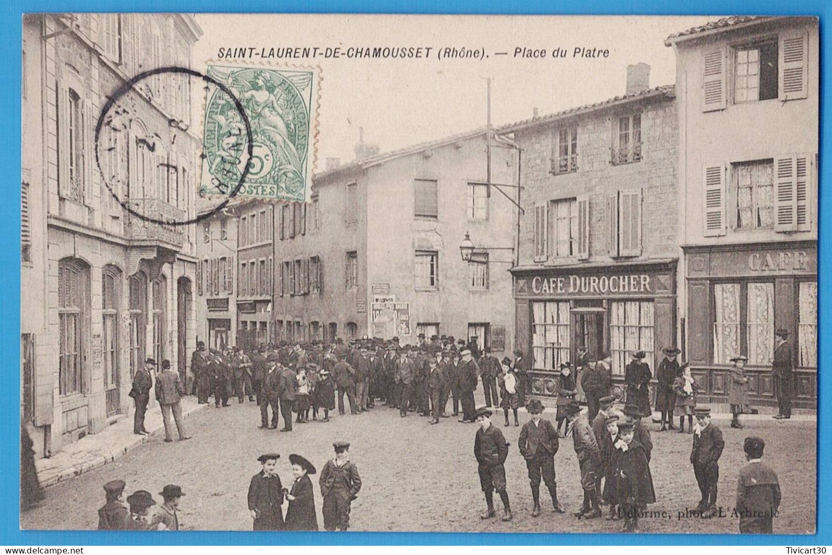 CPA RHONE (69) - SAINT-LAURENT-DE-CHAMOUSSET - PLACE DU PLATRE - CAFE DUROCHER - Saint-Laurent-de-Chamousset