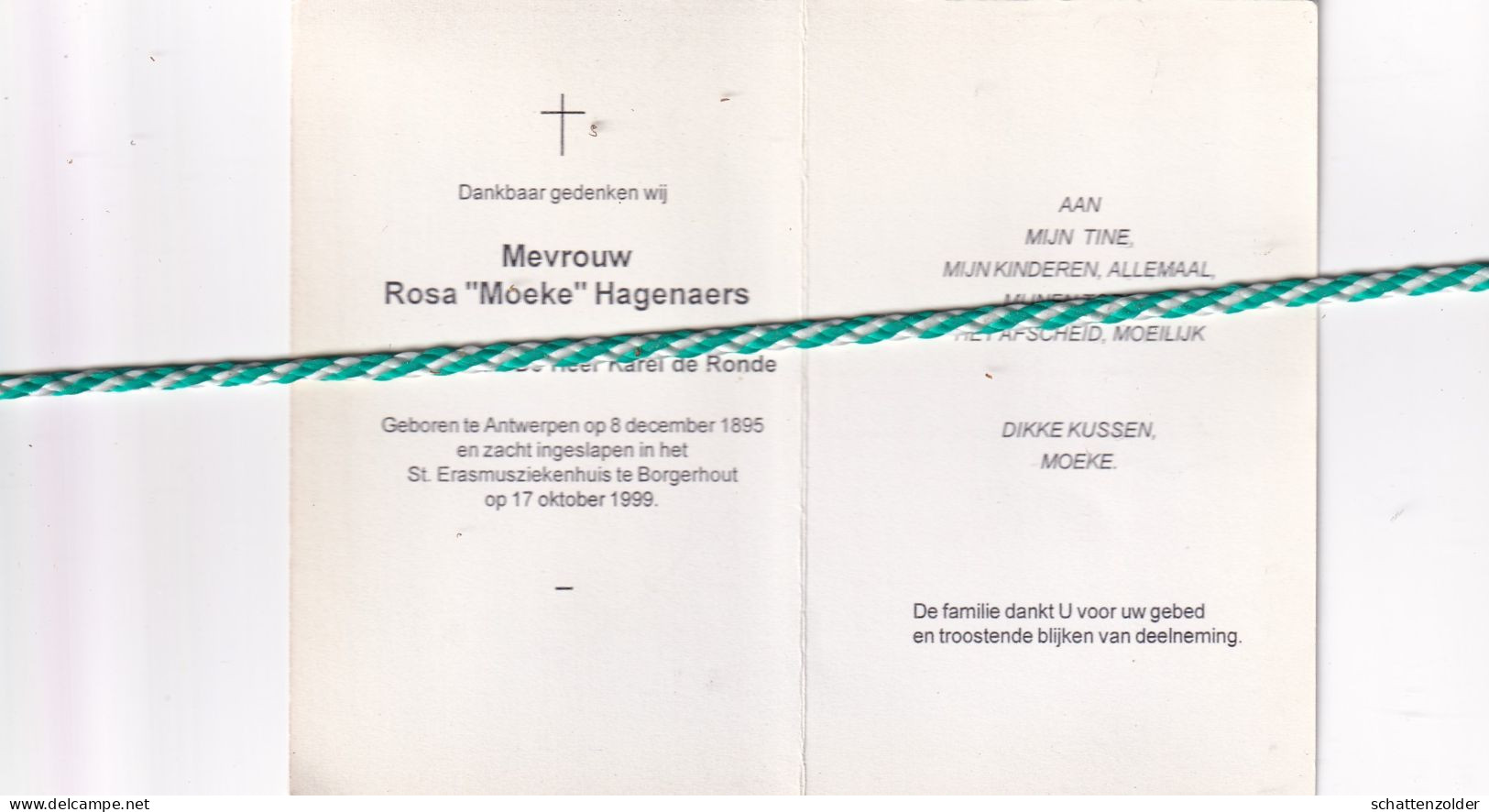Rose "Moeke" Hagenaers-de Ronde, Antwerpen 1895, Borgerhout 1999. Honderdjarige - Décès