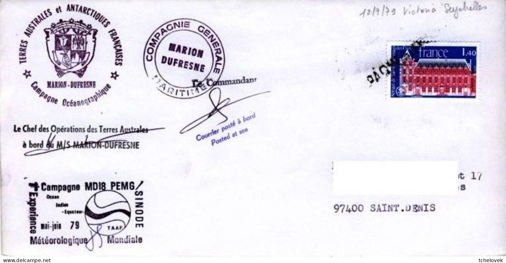 FSAT TAAF Marion Dufresne 12.06.79 Seychelles Au Dos.  Cachet MD18 PEMG SINODE (2) - Other & Unclassified