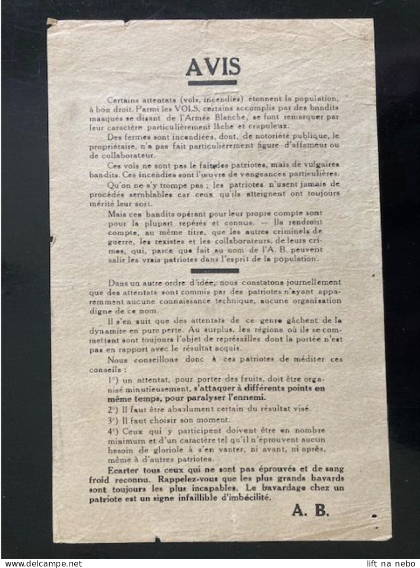 Tract Presse Clandestine Résistance Belge WWII WW2 'Avis' Certains Attentats (vols, Incendies) étonnent La Population... - Dokumente