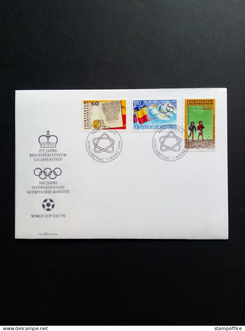 LIECHTENSTEIN MI-NR. 1081-1083 FDC EREIGNISSE 1994 FUSSBALL WM USA 100 JAHRE IOC 275 JAHRE FÜRSTENTUM - FDC