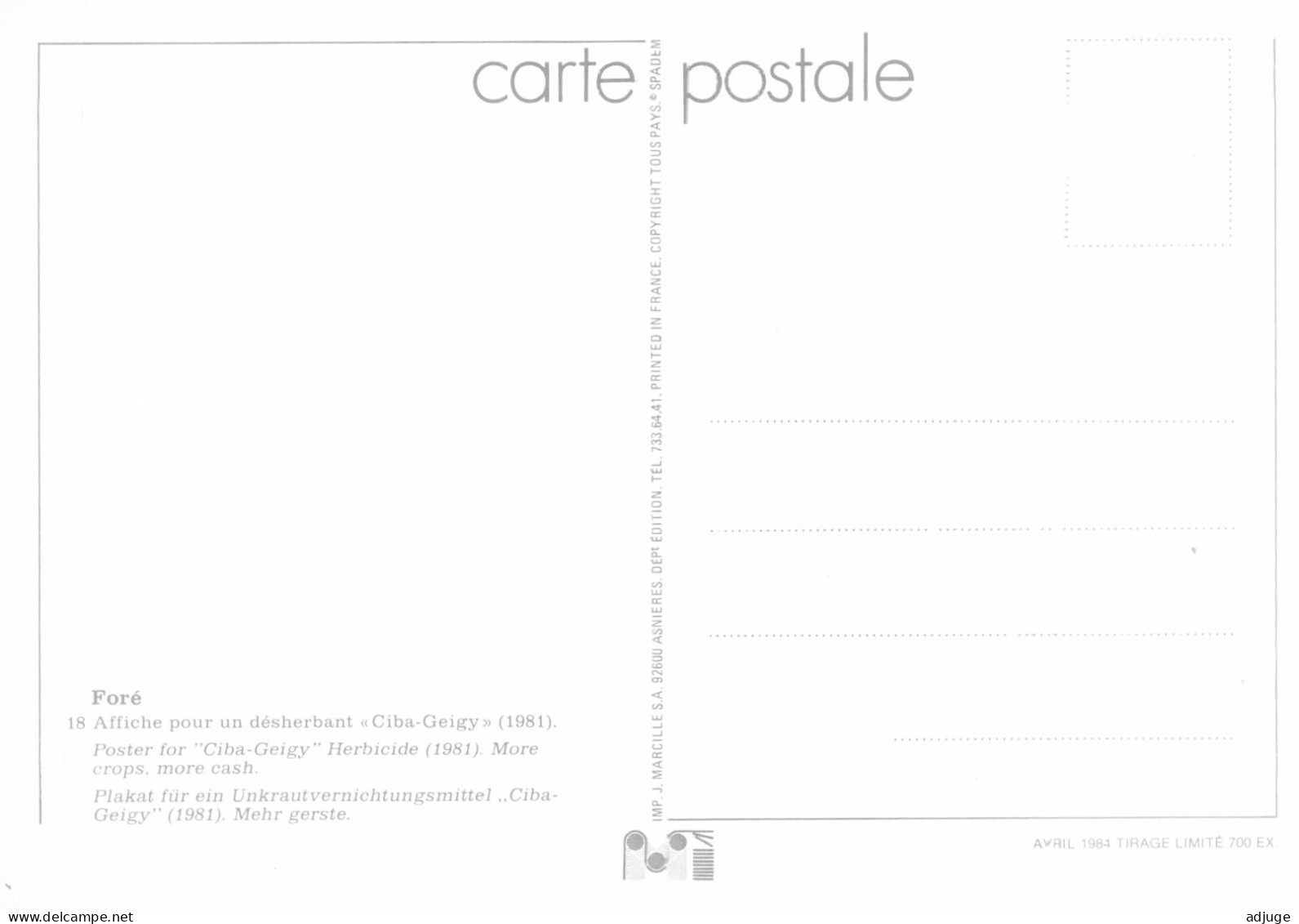 CPM- Illustrateur Affichiste FORÉ -Publicité Pour Le Désherbant ESCURAN "Ciba-Geigy"Contre Graminées Et Dicots*1981TBE* - Fore