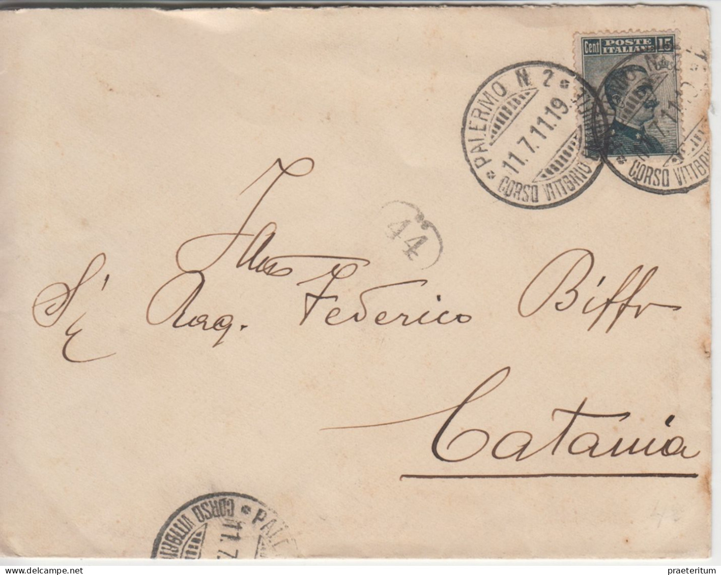 ITALIA Busta Palermo Corso Vittorio Emmanuele, 11.7.1911 A Catania - Poststempel