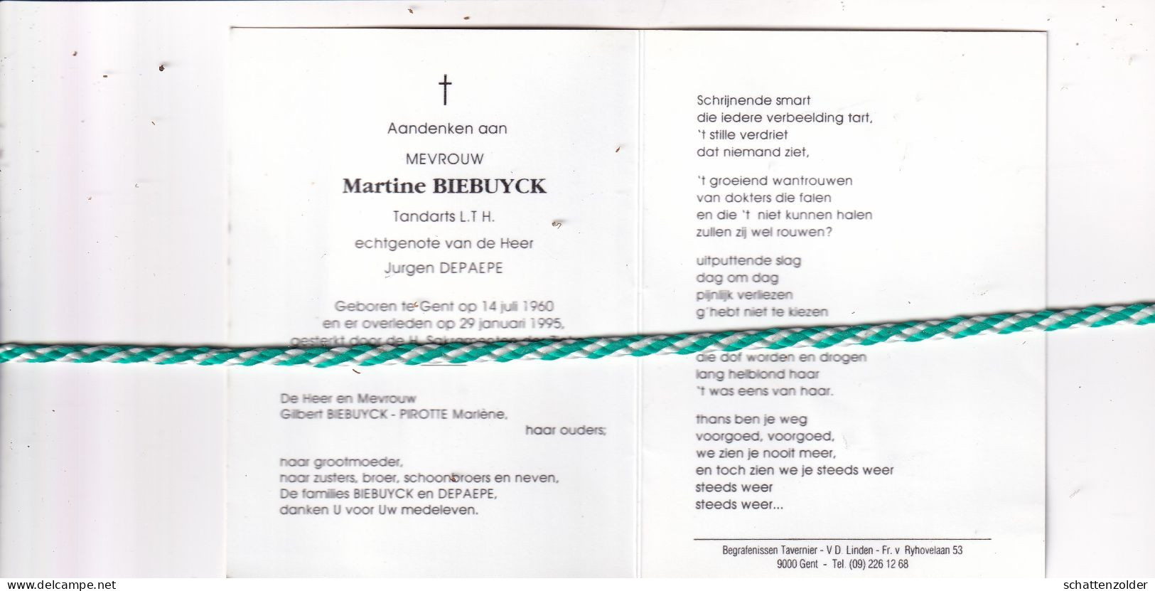 Martine Biebuyck-Depaepe, Gent 1960, 1995. Tandarts L.T.H. Foto - Esquela