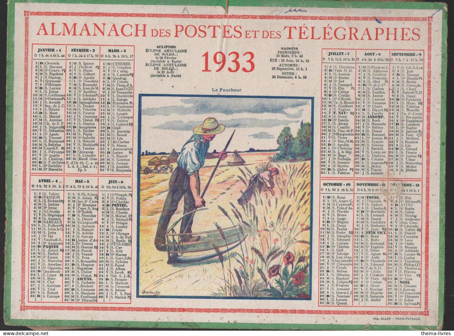 Calendrier PTT  1933 :/imp Oller  Complet De Ses Feuillets ; (CAL PTT 1933M) - Groot Formaat: 1921-40