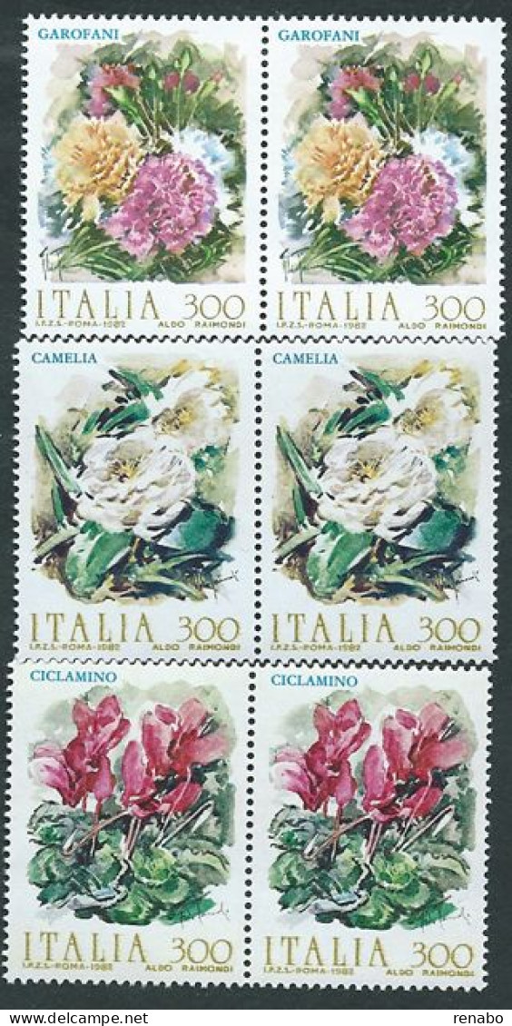 Italia, Italy, Italien, Italie 1982; Fiori, Flowers, Fleurs: Garofani, Camelie, Ciclamini. Serie Completa In Coppie.New - Other & Unclassified