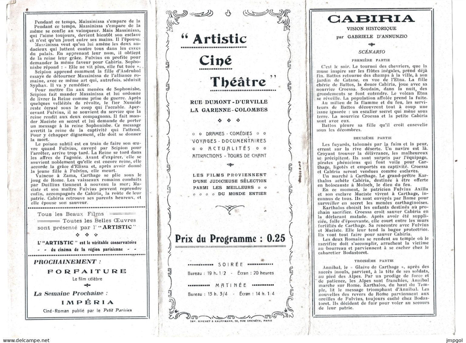 Programme Artistic Ciné Théâtre La Garenne Colombes 1920 Film Muet Cabiria D'Annunzio Maciste Gaumont Actualités - Programme