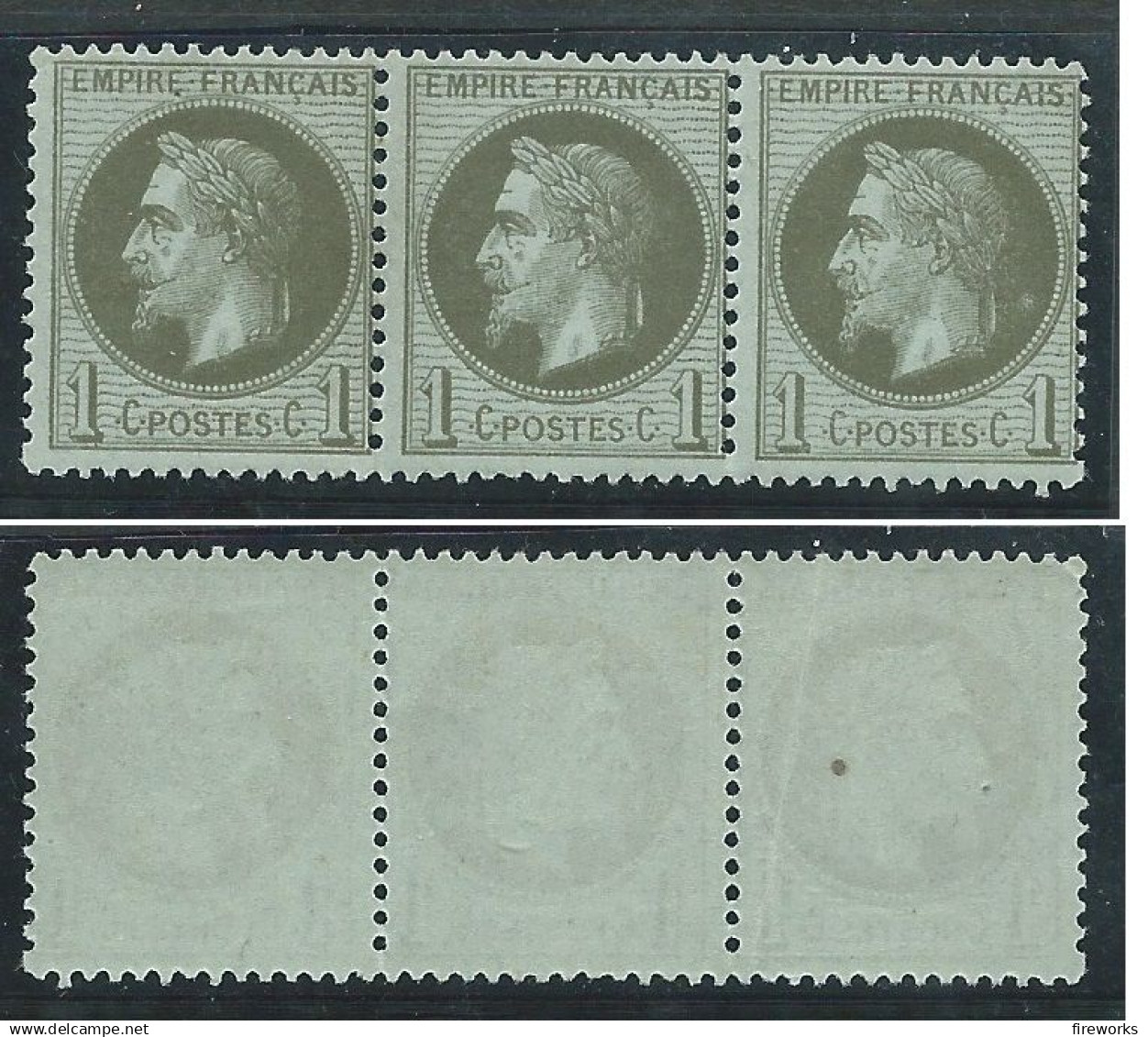 BANDE De 3 TIMBRES NAPOLEON III EMPIRE LAURÉ 1c VERT BRONZE N° 25 NEUF * *. - 1863-1870 Napoleon III With Laurels