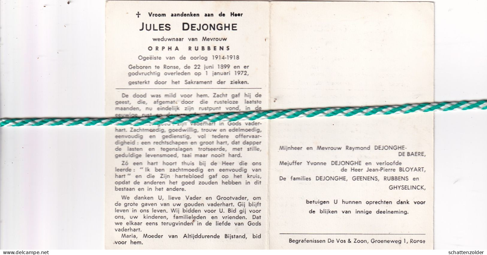 Jules Dejonghe-Rubbens, Ronse 1899, 1972. Opgeëiste 1914-18 - Esquela