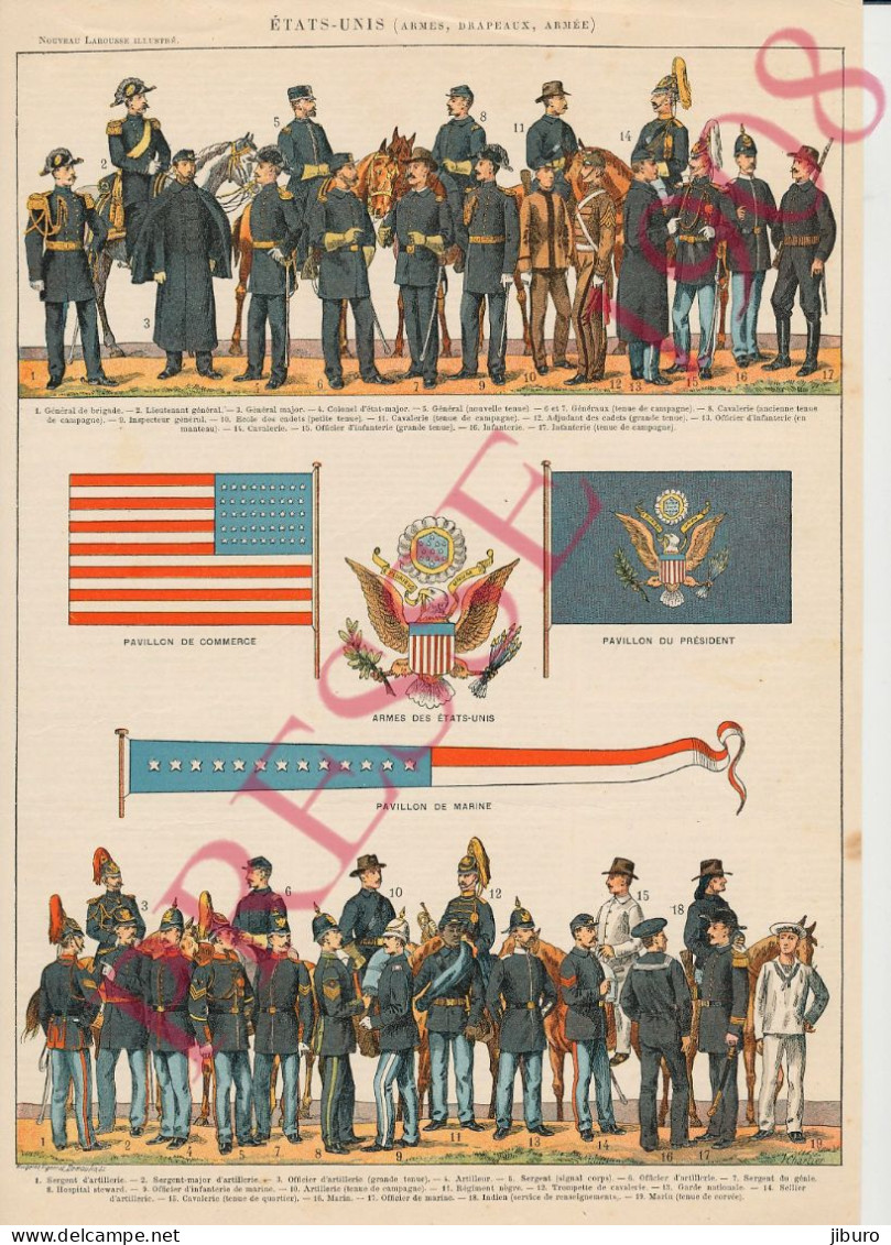 Planche 1908 Armée US Etats-Unis Costumes Militaires Soldats Cavalerie Artillerie Infanterie Indien Drapeau - Autres & Non Classés