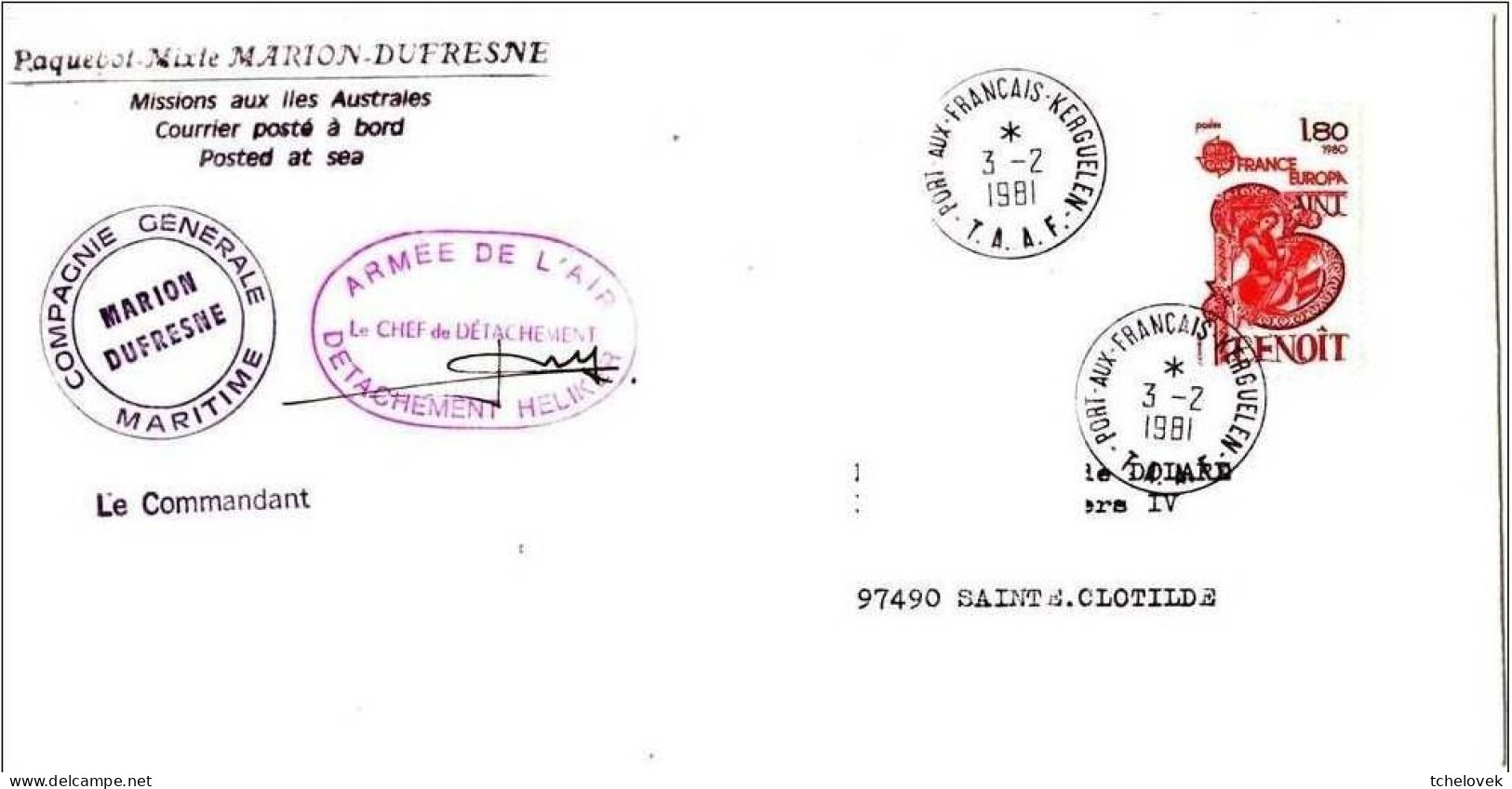 TAAF FSAT. Marion Dufresne 03.02.81 Kerguelen Detachement Heliker Signature (2). St Benoit - Cartas & Documentos