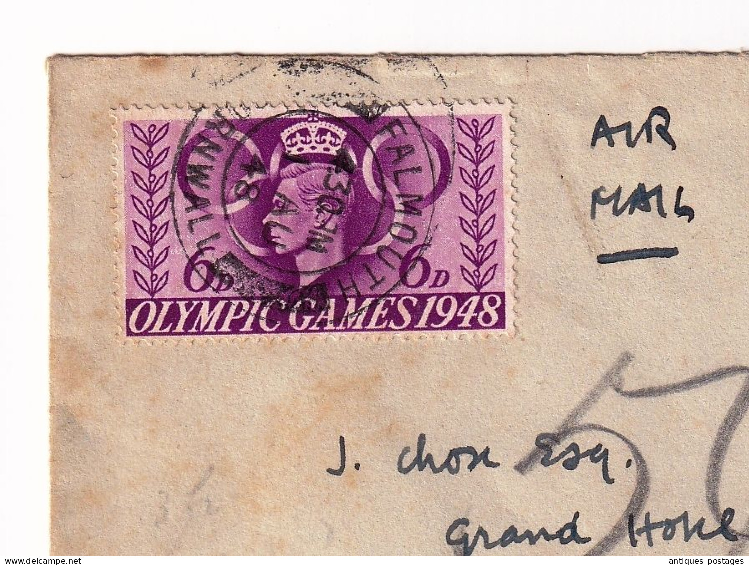 Lettre 1948 Falmouth England Olympic Games 1948 Bad Ragaz Switzerland Suisse Stamp King George VI Jeux Olympiques - Lettres & Documents