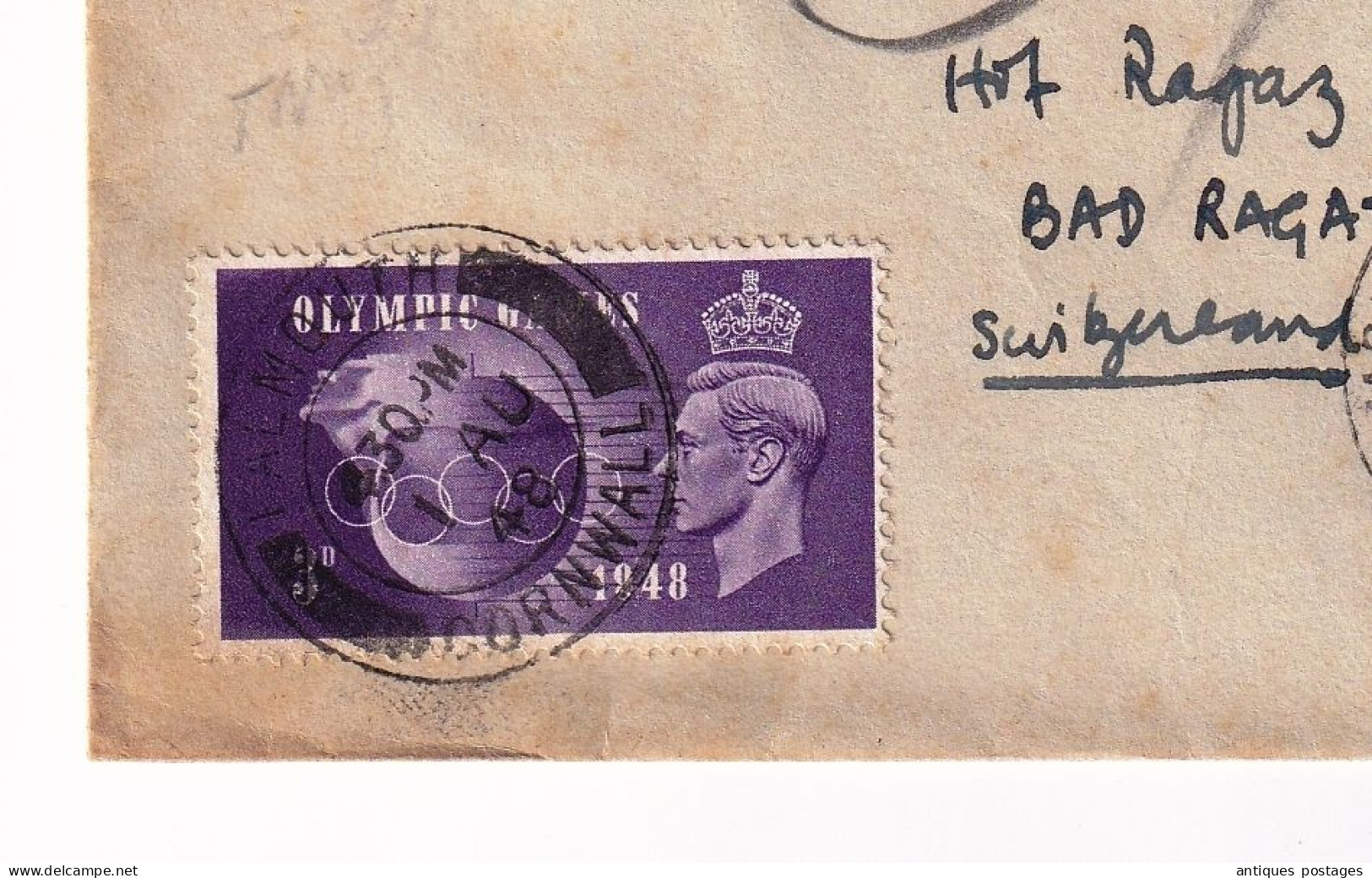 Lettre 1948 Falmouth England Olympic Games 1948 Bad Ragaz Switzerland Suisse Stamp King George VI Jeux Olympiques - Briefe U. Dokumente