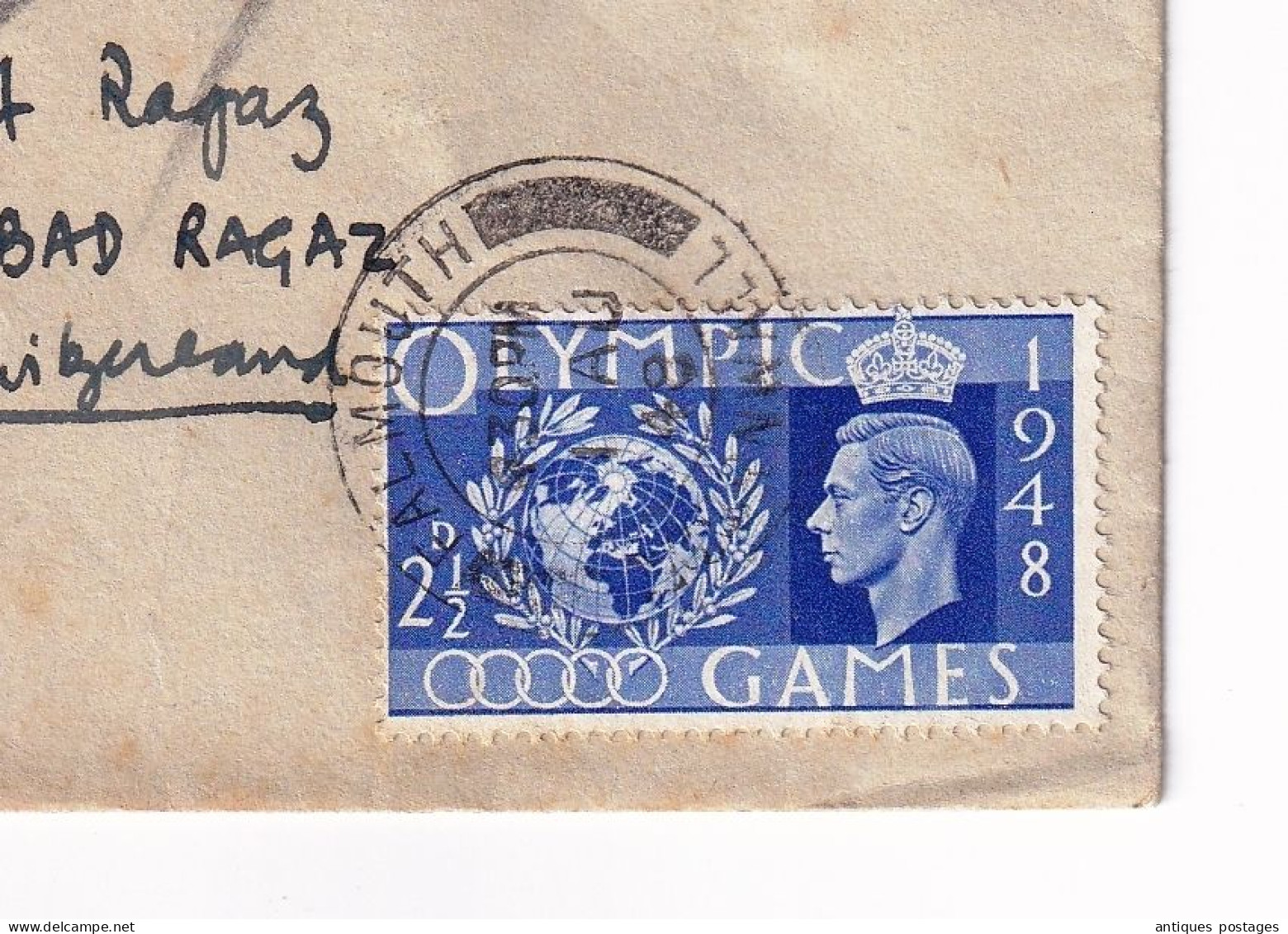 Lettre 1948 Falmouth England Olympic Games 1948 Bad Ragaz Switzerland Suisse Stamp King George VI Jeux Olympiques