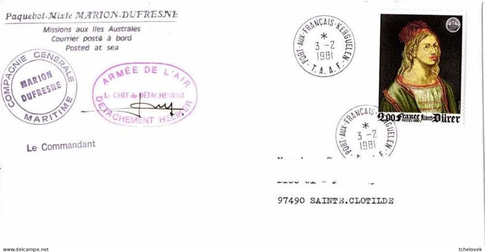 FSAT TAAF. Marion Dufresne 03.02.81 Kerguelen. Detachement Heliker Signature. Timbre France Durer - Storia Postale