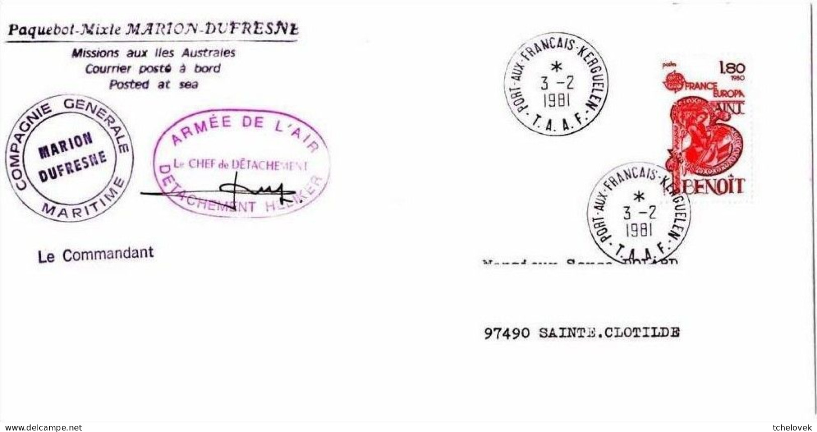 FSAT TAAF. Marion Dufresne 03.02.81 Kerguelen. Detachement Heliker Signature. Timbre France Jaunie Au Dos - Covers & Documents