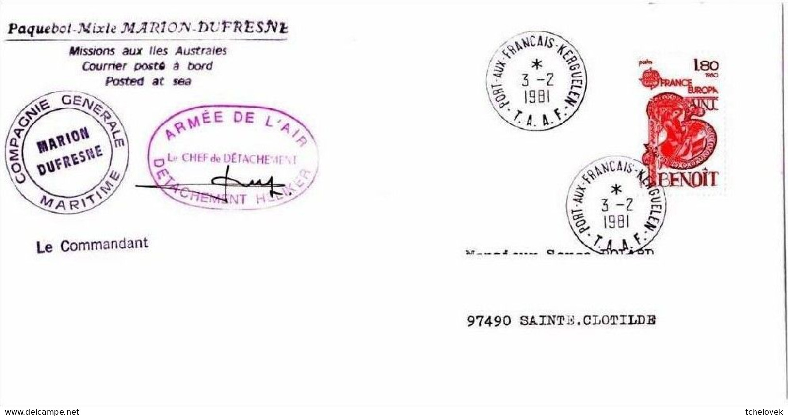 FSAT TAAF. Marion Dufresne 03.02.81 Kerguelen. Detachement Heliker Signature. Timbre France Jaunie Au Dos - Storia Postale